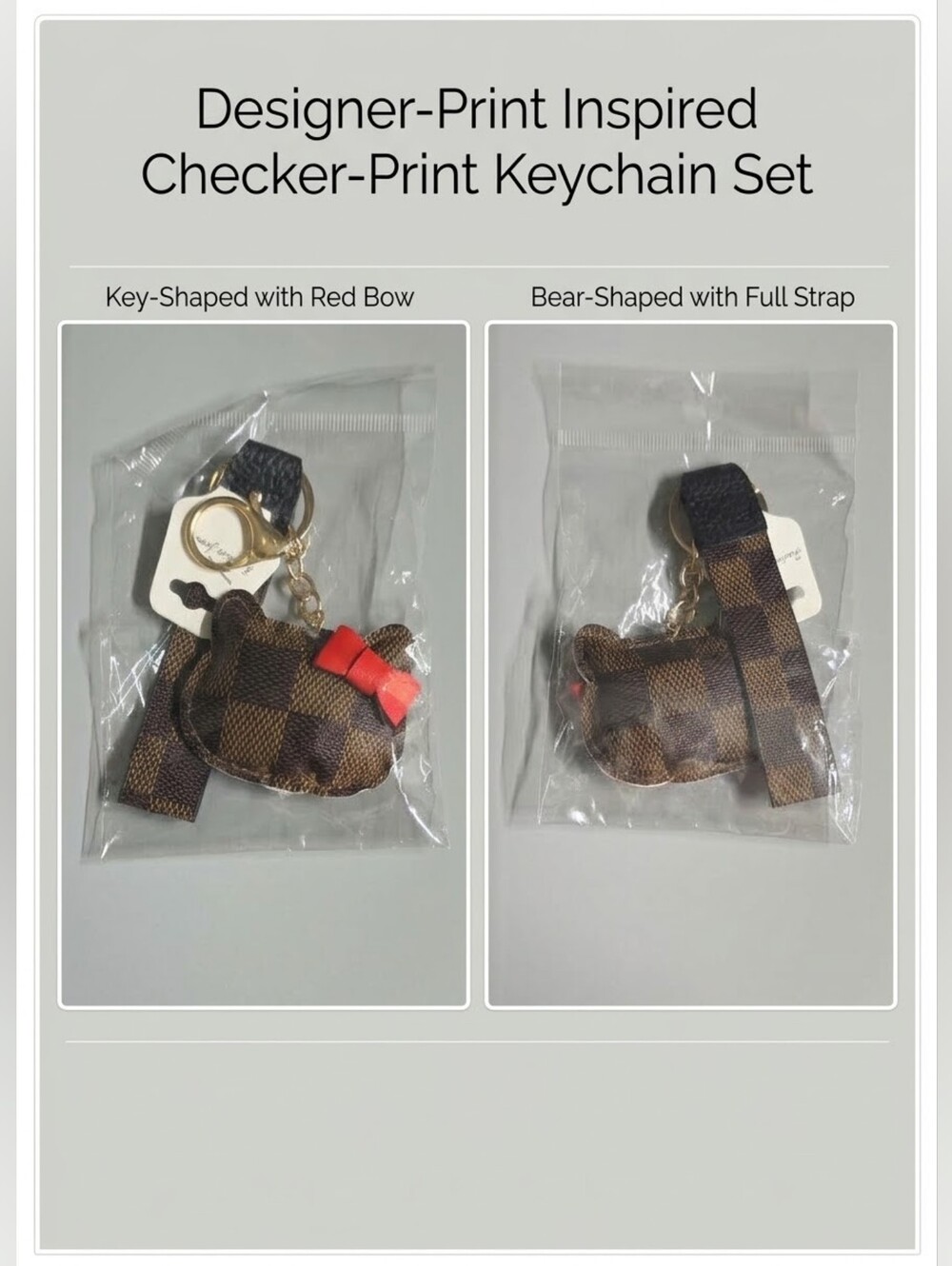 Checker-Print Bear Key & Card Holder with Red Bow